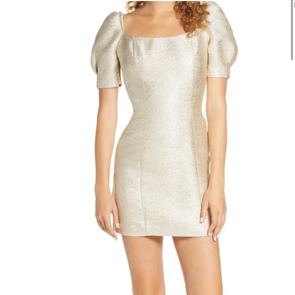 BB Dakota Gold Sheath Mini Dress with Puff Sleeves
